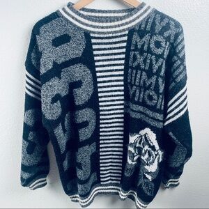 MEXX Vintage Black and White Stripe and Numbers Unique Sweater.